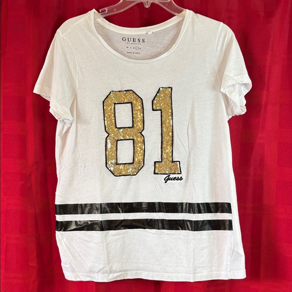 Guess White Tee with Gold Sequin Number